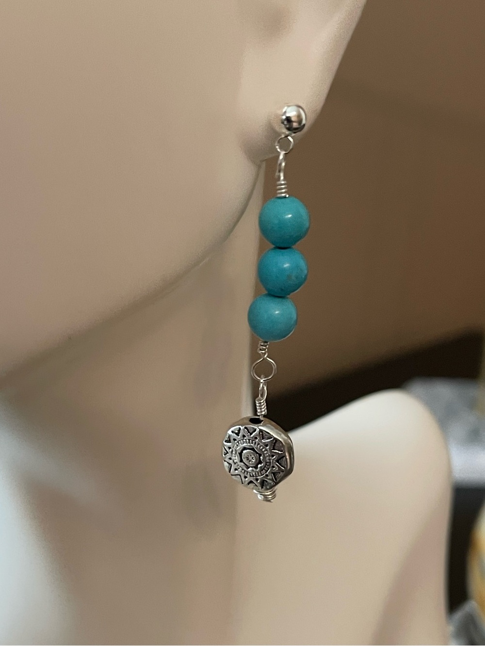 Hand Crafted Turquoise Bead Drop Earrings with Silver Medallion - Picture 3 of 6